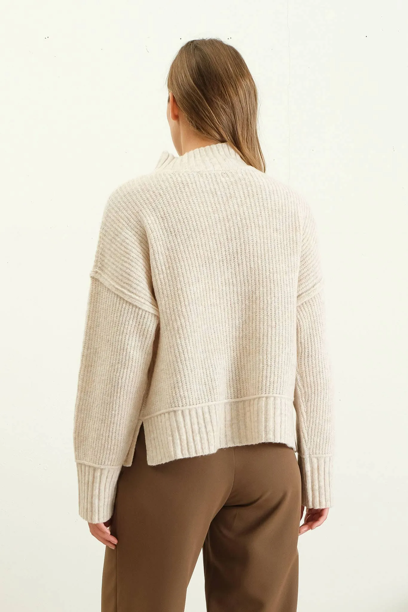 MOCK NECK SPLIT HEM KNIT PULLOVER SWEATER