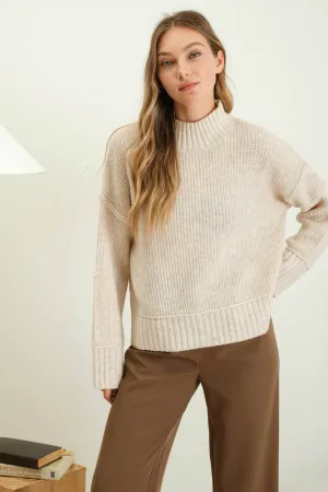 MOCK NECK SPLIT HEM KNIT PULLOVER SWEATER