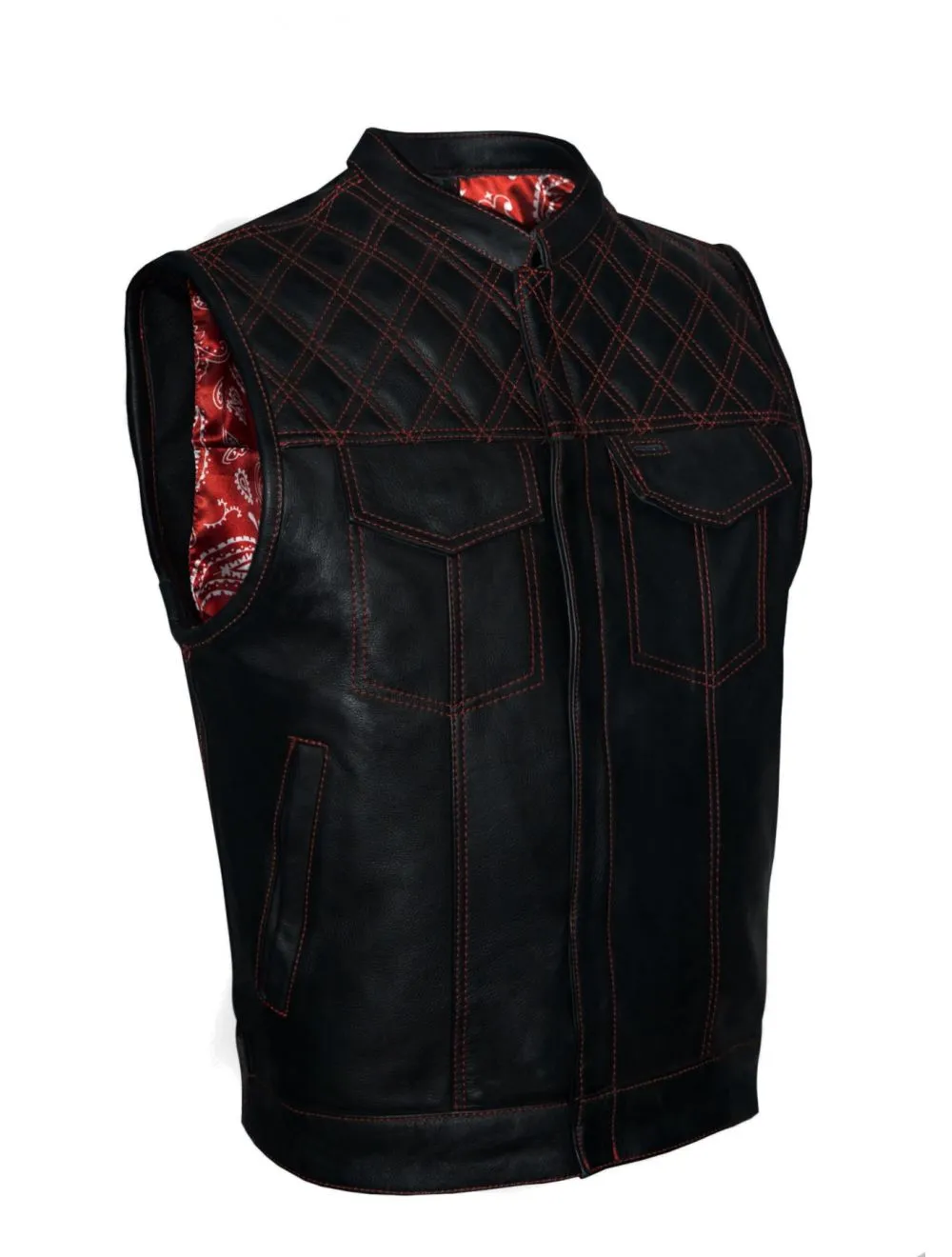 Motorcycle Club Vest Naked Cowhide Leather Red Stitching Diamond Pattern on Shoulder