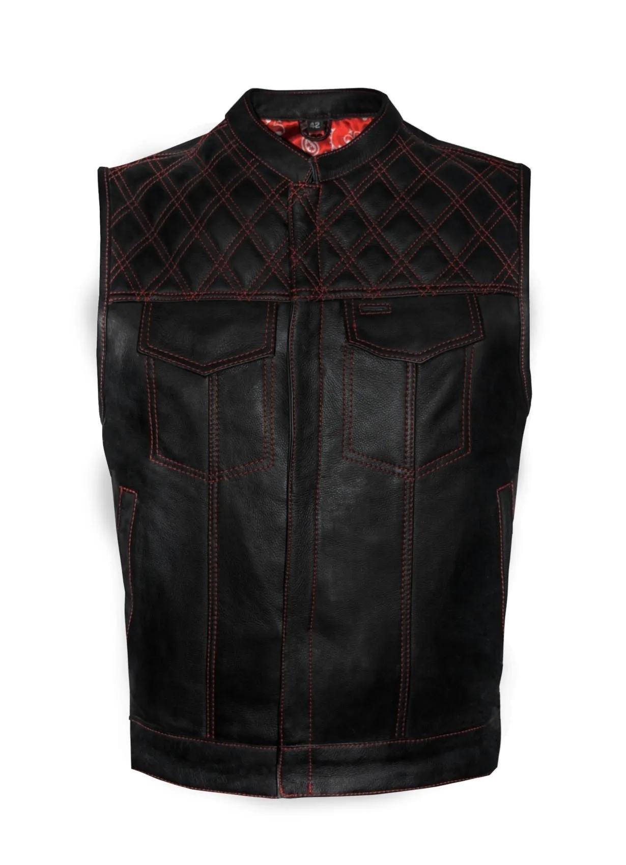 Motorcycle Club Vest Naked Cowhide Leather Red Stitching Diamond Pattern on Shoulder