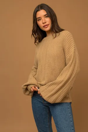 Round Neck Balloon Sleeve Braid Knit Sweater