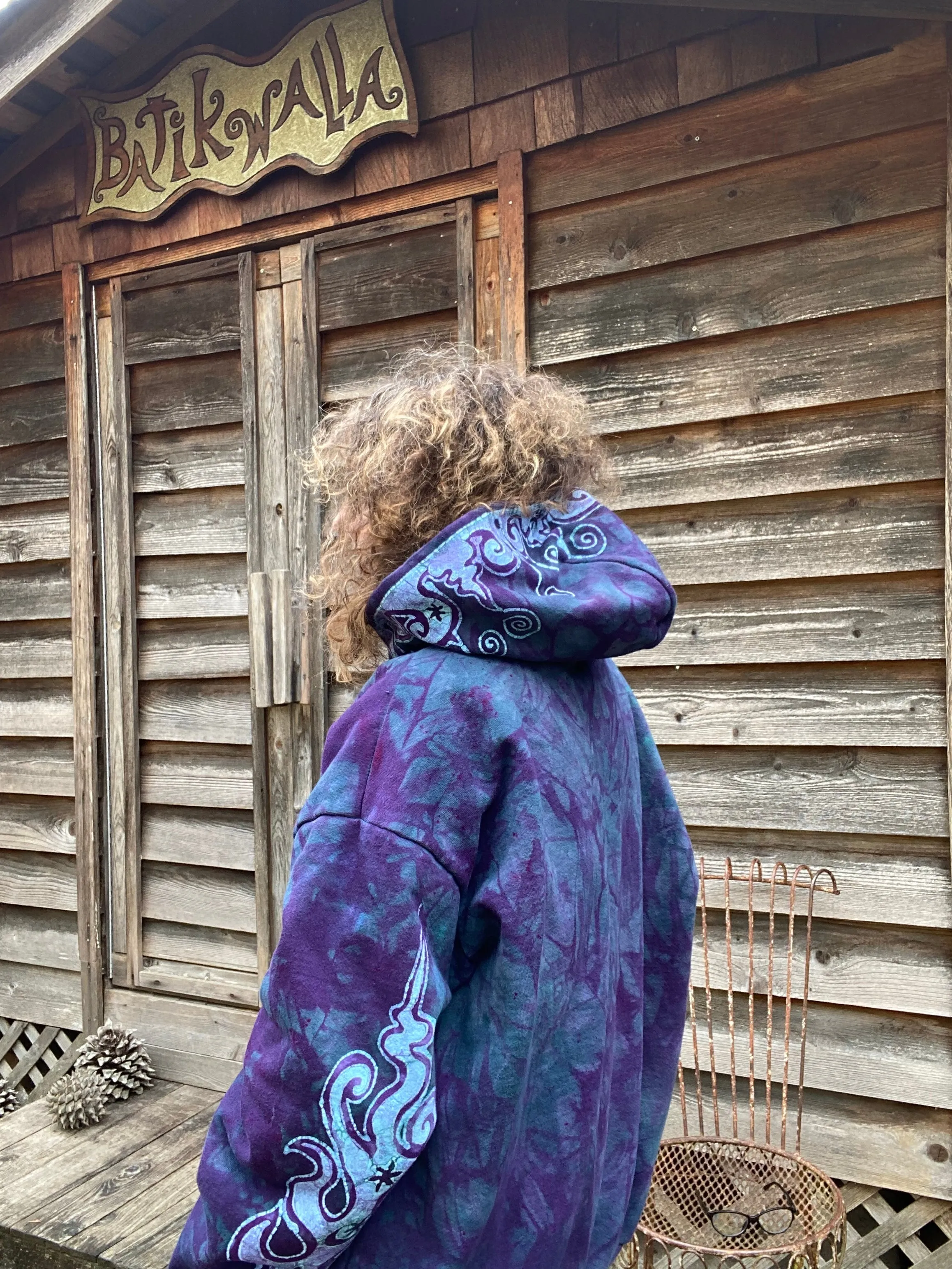 Teal and Purple Tuxedo Swirls with Stars Handcrafted Batik Zipper Hoodie - Size 2X