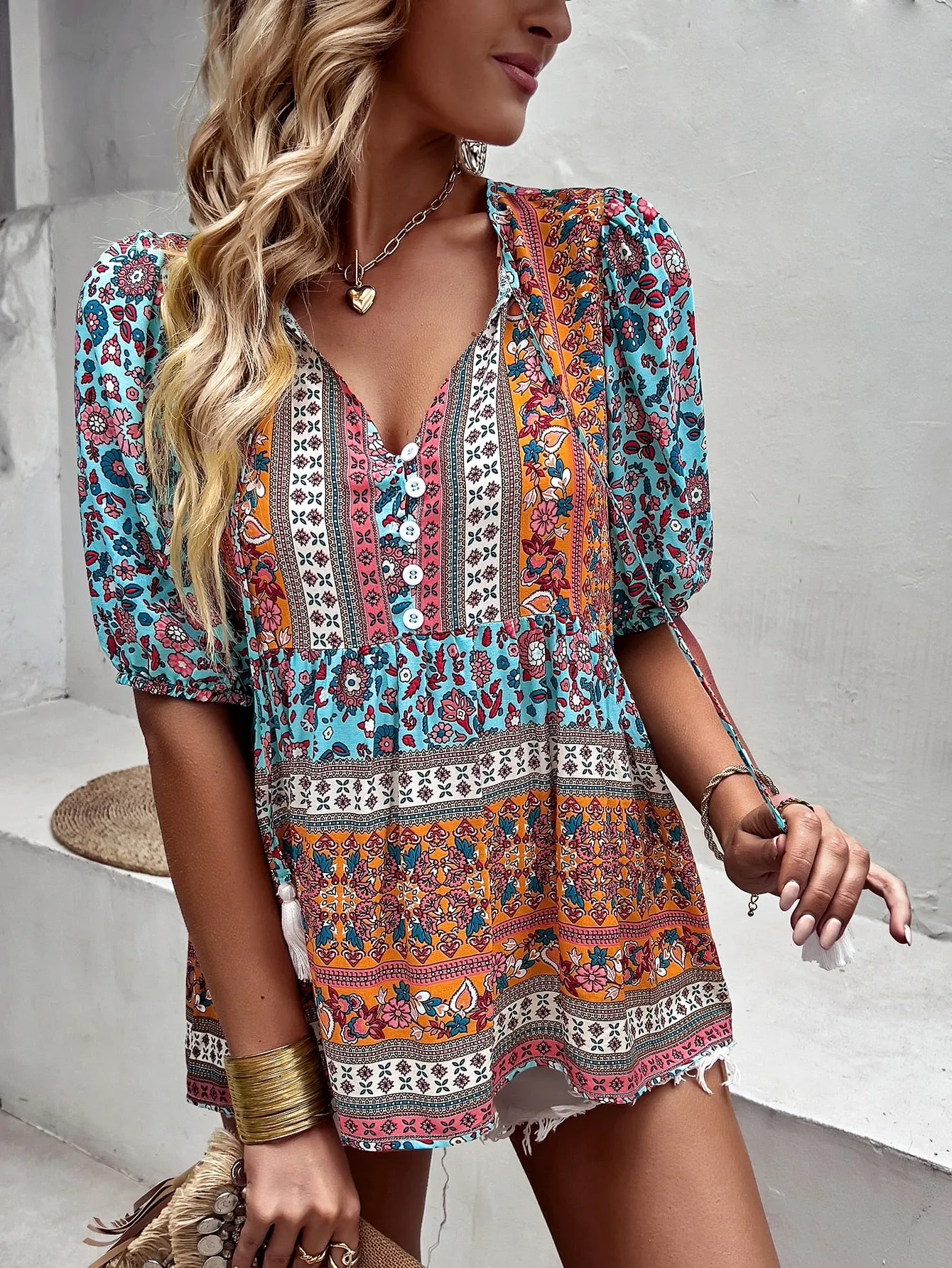 Women's Casual Boho Floral Printed Beach Blouses