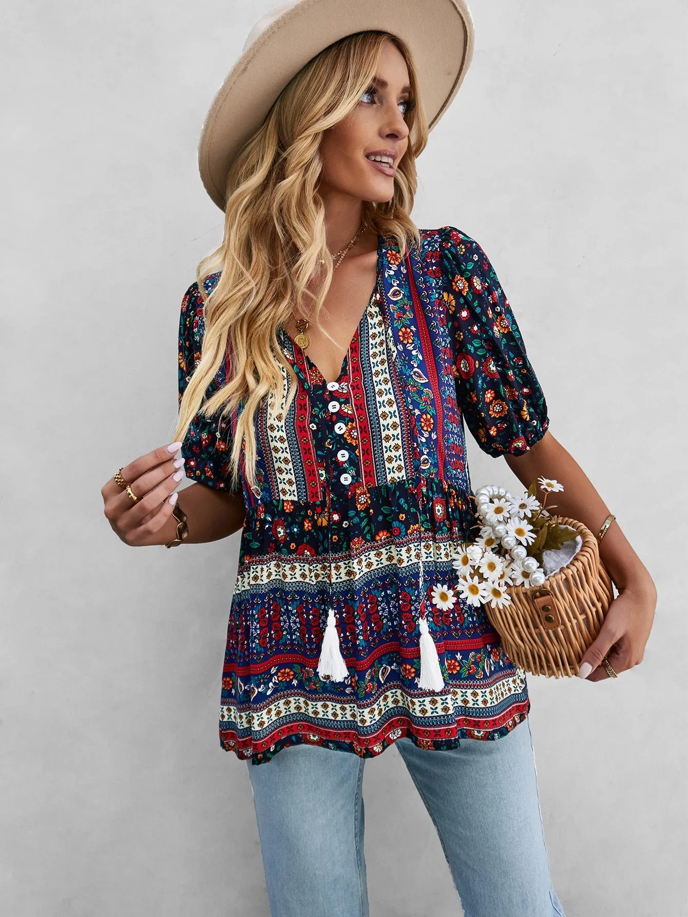 Women's Casual Boho Floral Printed Beach Blouses